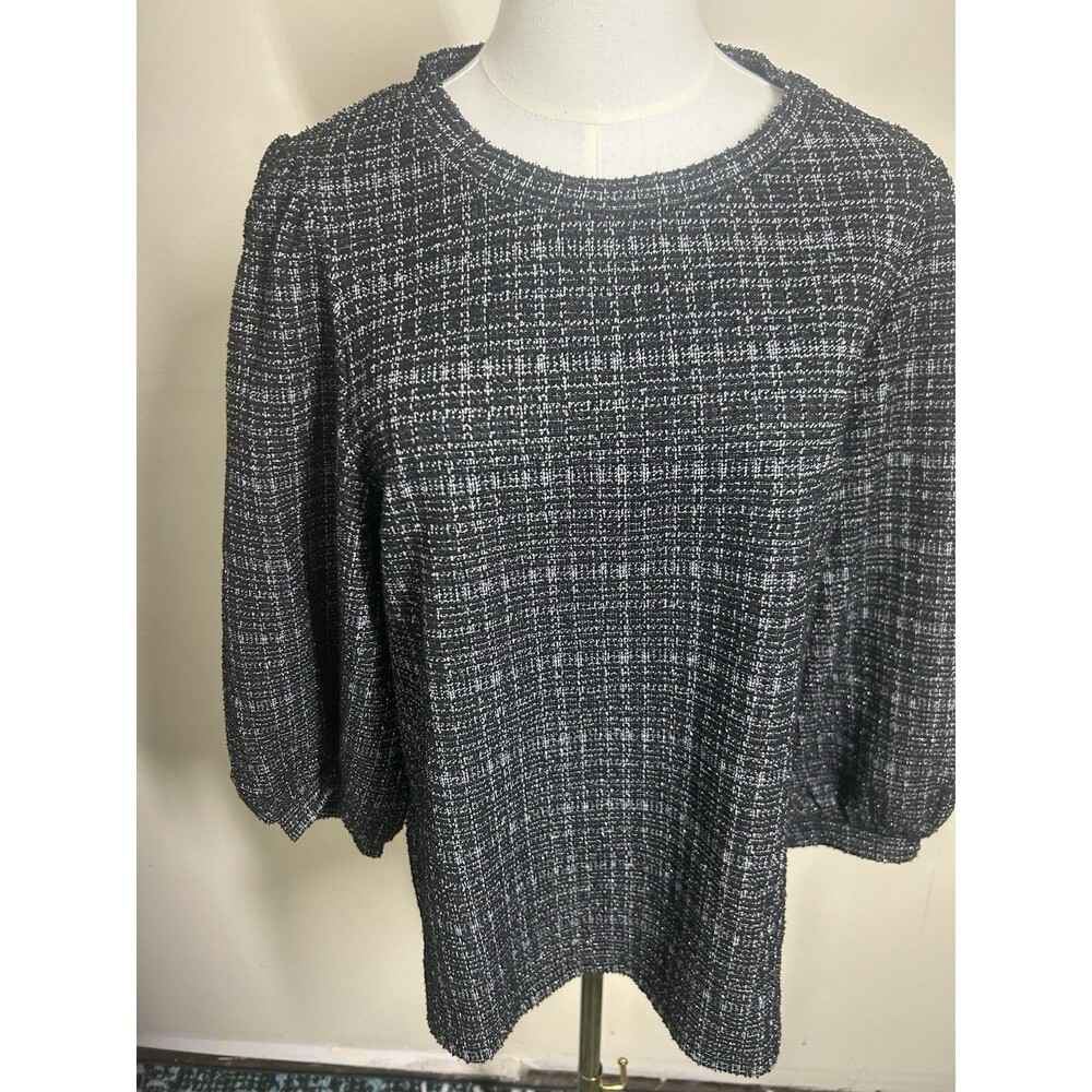 Anne Klein Women's Pullover Size L Black/Gray Metallic Balloon Sleeves 324